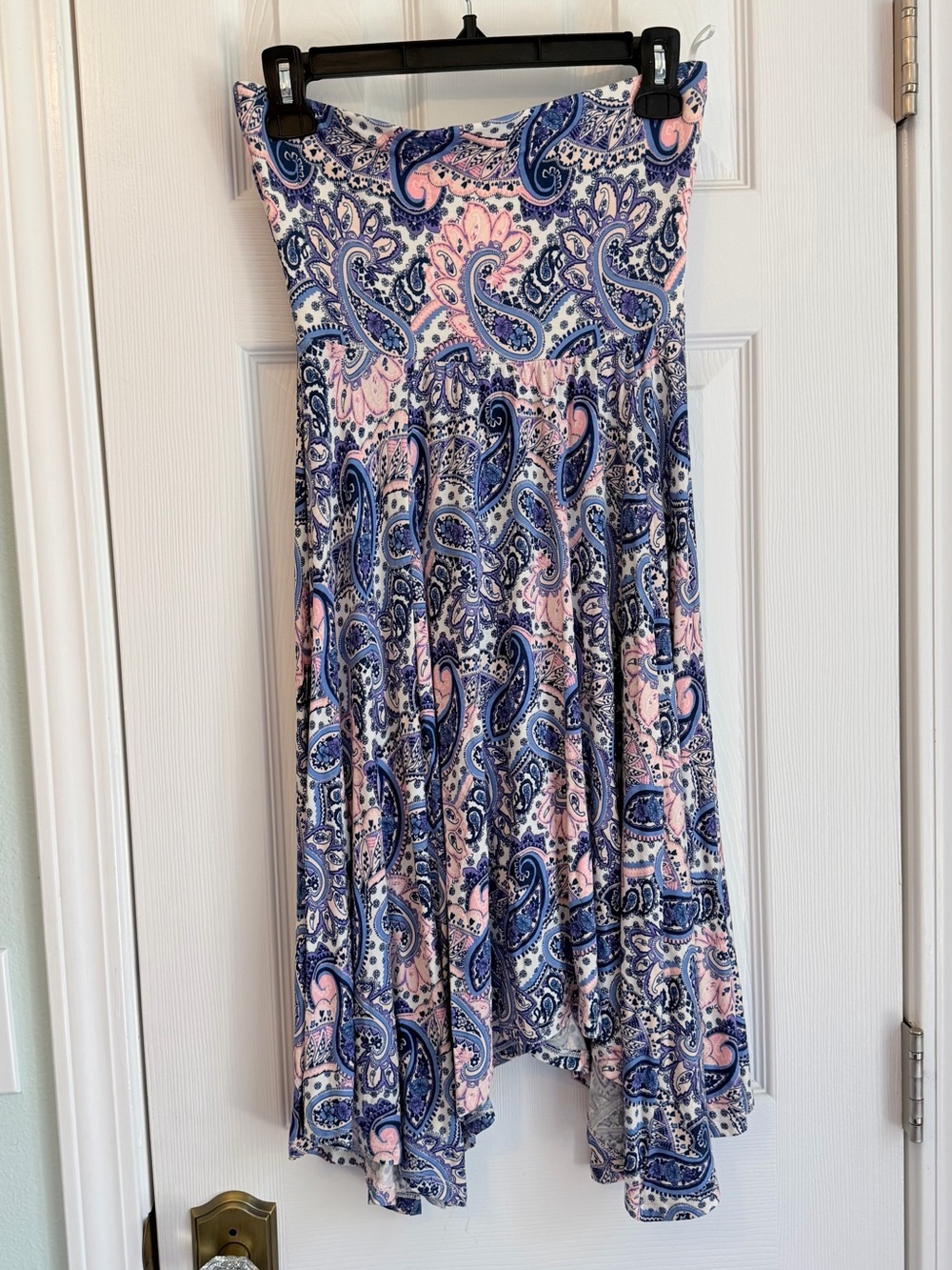 Express Strapless Asymmetrical Dress with Blue and Pink Paisley Pattern XS
